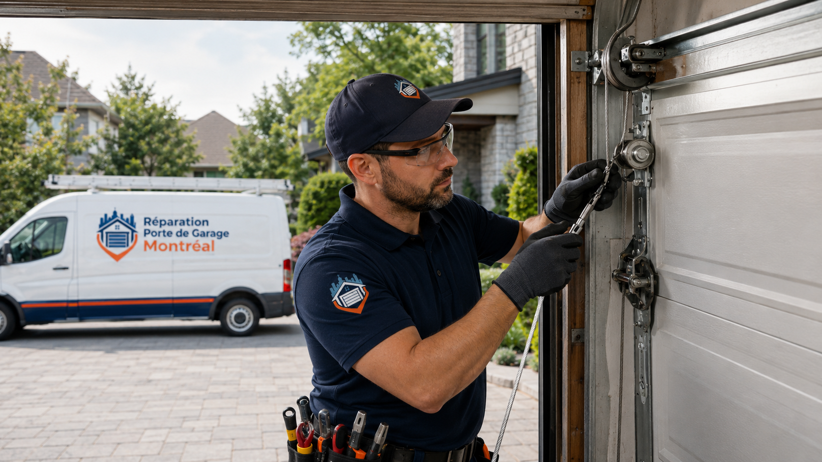 Réparation de câble de porte de garage à Montréal — technicien remplaçant un câble en acier