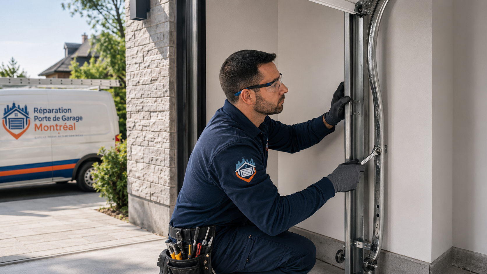 Réparation et alignement de rail de porte de garage à Montréal par un technicien spécialisé