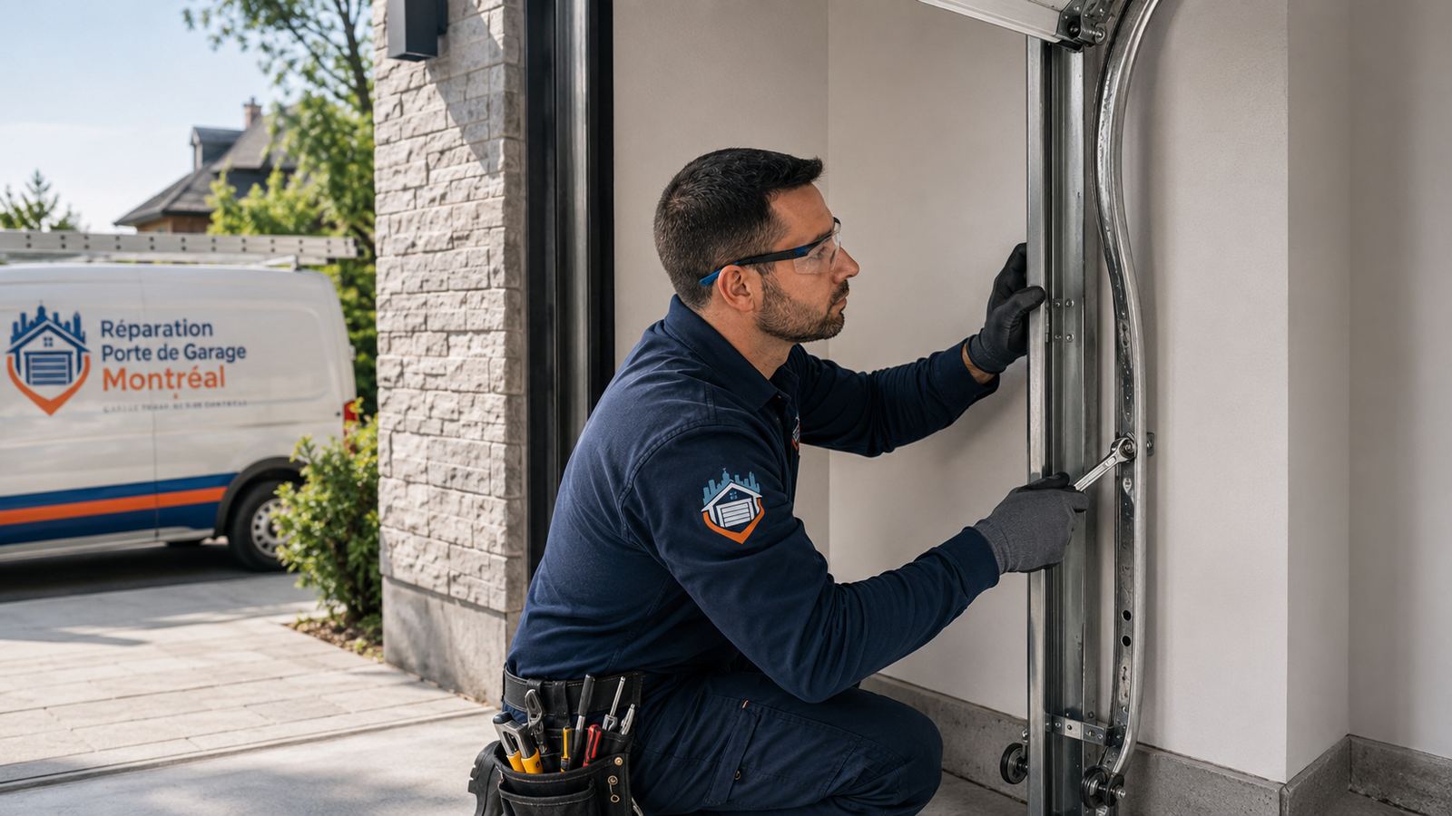 Réparation et alignement de rail de porte de garage à Montréal par un technicien spécialisé