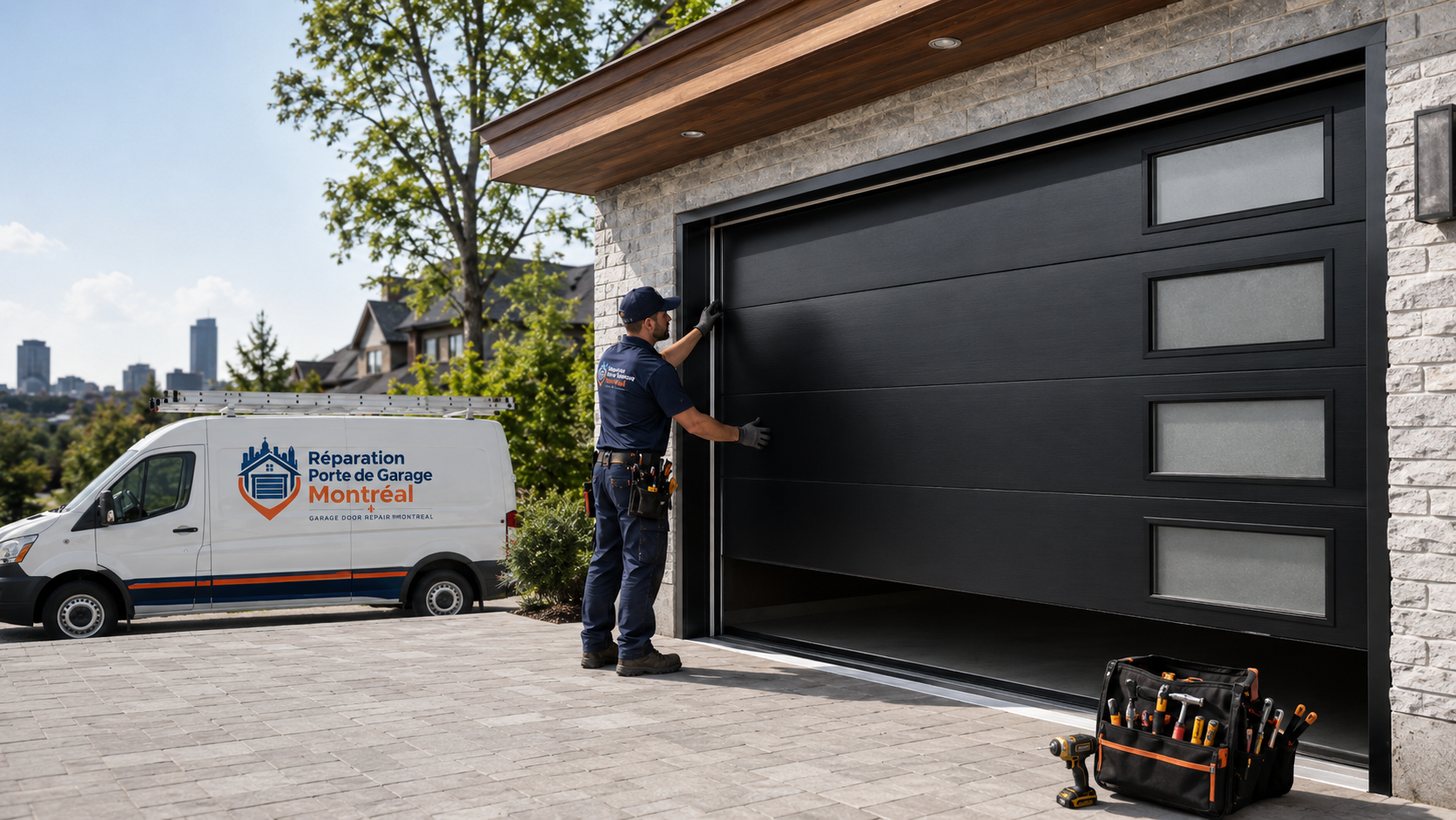 Remplacement de porte de garage à Montréal — nouvelle porte moderne posée par nos techniciens
